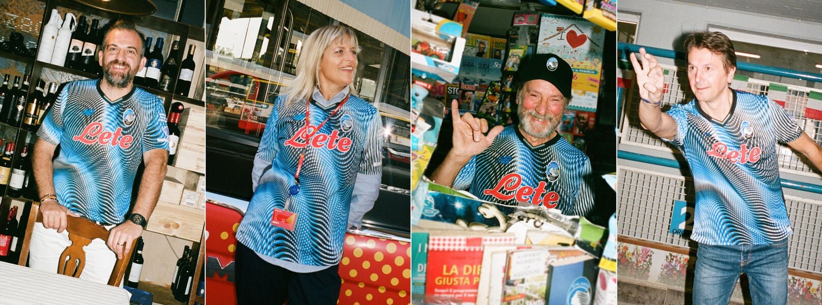 Four individuals wearing matching blue and black patterned soccer jerseys with the word “Lete” in red across the chest. 
